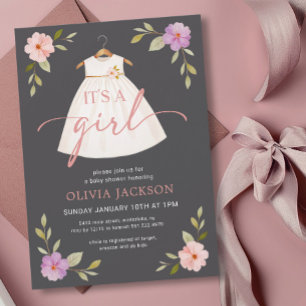 Invitation C'est une robe de fille Baby shower gris Invitatio