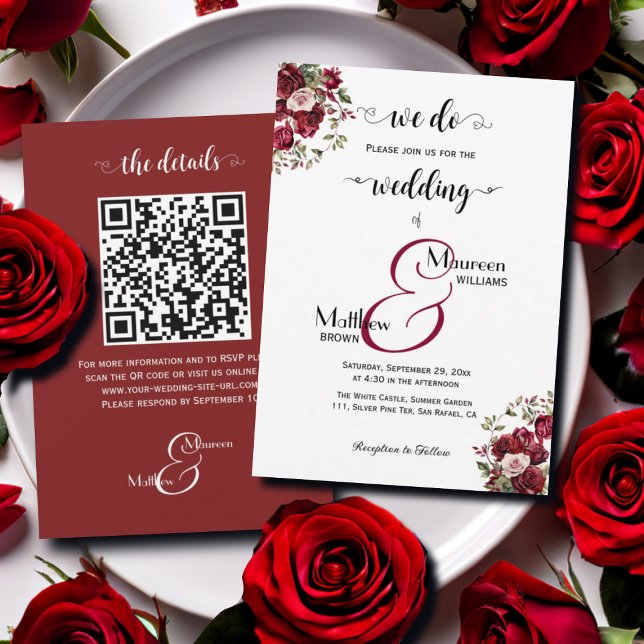 Invitation C'est vrai ! Burgundy Floral Script QR Code Mariag (Créateur téléchargé)