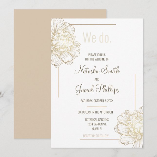 Invitation C'est vrai. Gold Peony Flowers Mariage moderne (Devant / Derrière)