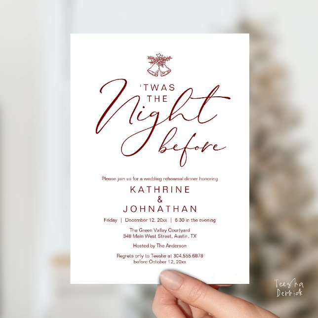 Invitation 'C'Était La Nuit Avant Le Dîner De Répétition Roma ('Twas The Night Before Modern Romantic Wedding Rehearsal Dinner Invites Card PDF Burgundy Wine Red)
