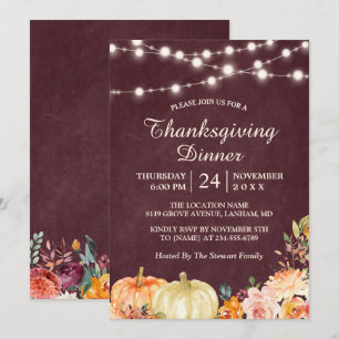 Invitation Chaîne citrouille éclaire Floral Thanksgiving Dîne