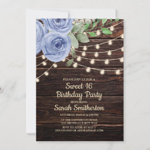 Invitation Chaîne de bois rustique Lumières Bleu Floral Sweet