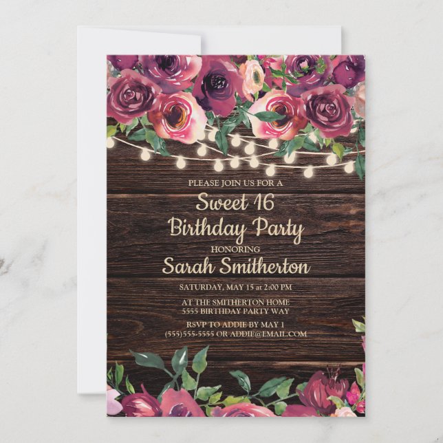 Invitation Chaîne de bois rustique Lumières violet Floral Swe (Devant)