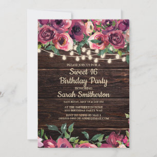 Invitation Chaîne de bois rustique Lumières violet Floral Swe