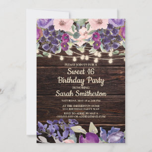 Invitation Chaîne de bois rustique Lumières violet Floral Swe