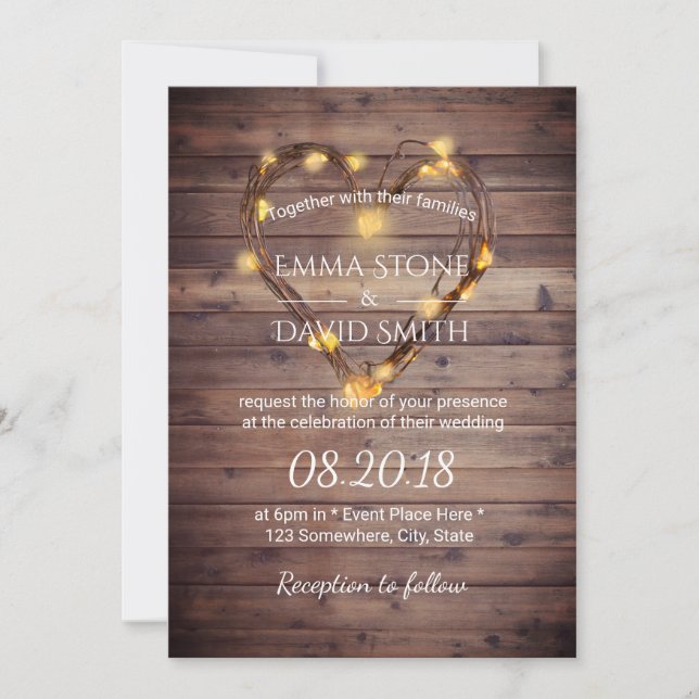 Invitation Chaîne de coeur rustique Lumières Pays Mariage de  (Devant)