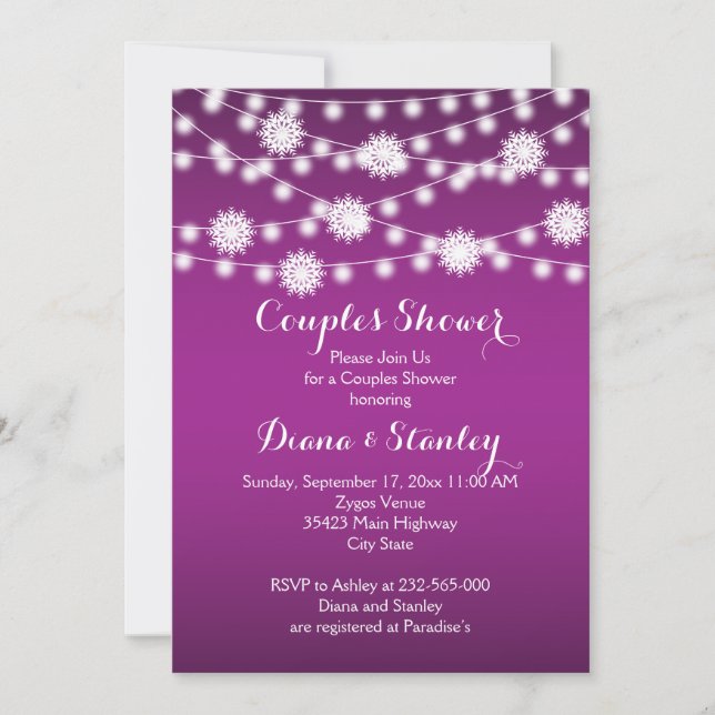 Invitation Chaîne de lumières flocons de neige mariage couple (Devant)