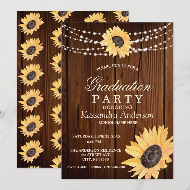 Invitation Chaîne de tournesol rustique Lumières Graduation I (Devant / Derrière)