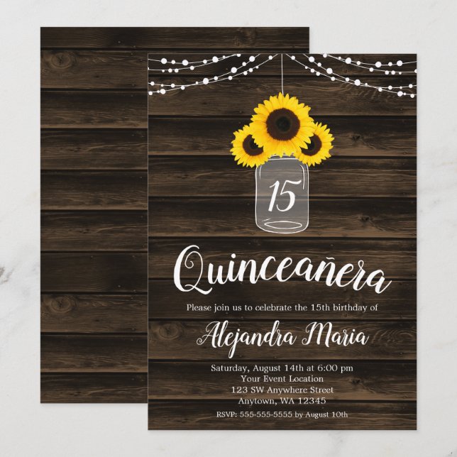 Invitation Chaîne de tournesol rustique Lumières Quinceanera  (Devant / Derrière)