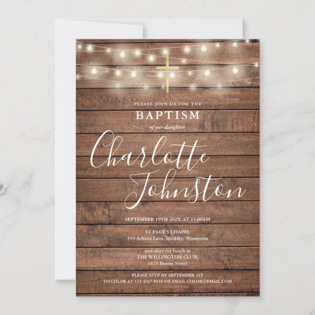 Invitation Chaîne éclaire Bois rustique Baptême Christening (Devant)