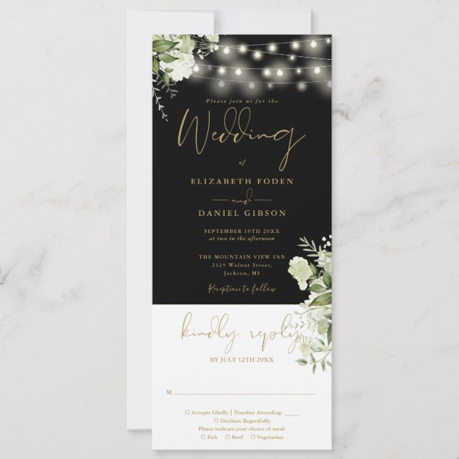 Invitation Chaîne éclaire Floral Noir Or Tout en un Mariage (Devant)
