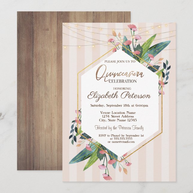 Invitation Chaîne éclaire le bois floral rayures Quinceañera (Devant / Derrière)