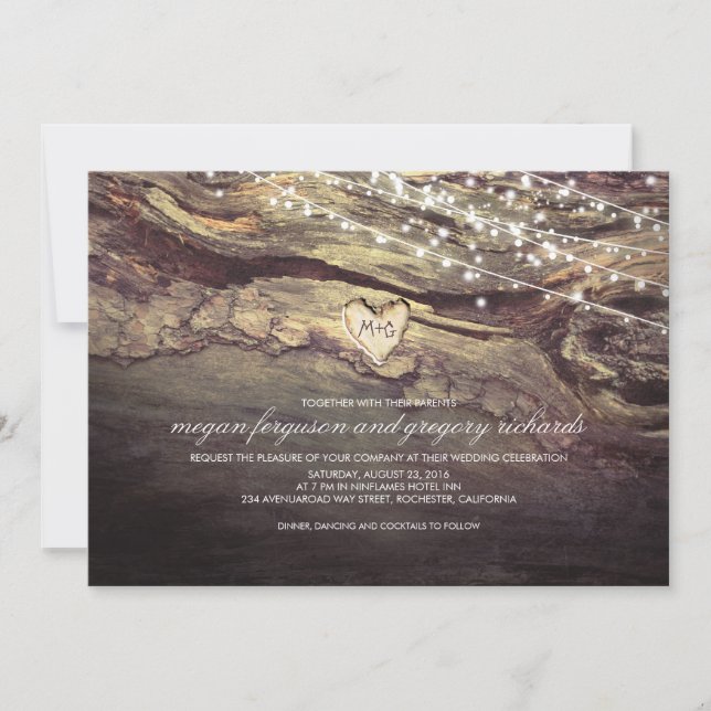 Invitation Chaîne Lights Coeur sculpté Mariage rustique (Devant)