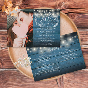 Invitation Chaîne Lights Rustic Blue Photo Tout en un Mariage