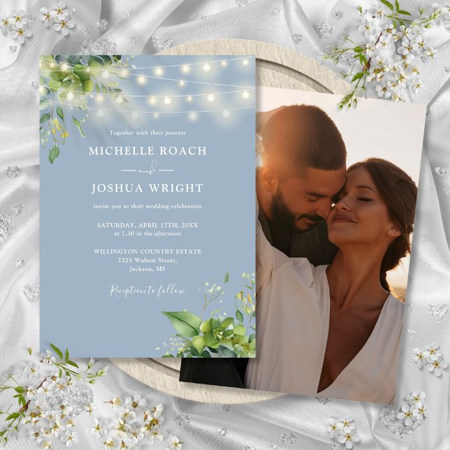 Invitation Chaîne Lights Verdure Dusty Blue Photo Mariage (String Lights Greenery Dusty Blue Photo Wedding Invitation)