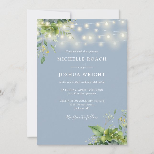 Invitation Chaîne Lights Verdure Dusty Blue QR Code Mariage (Devant)