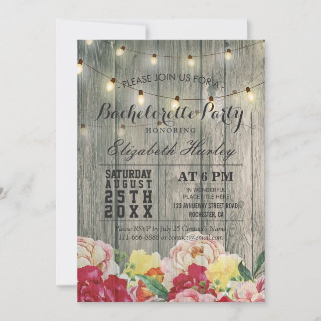Invitation Chaîne Lumière Bois Rustique Floral Bachelorette P (Devant)