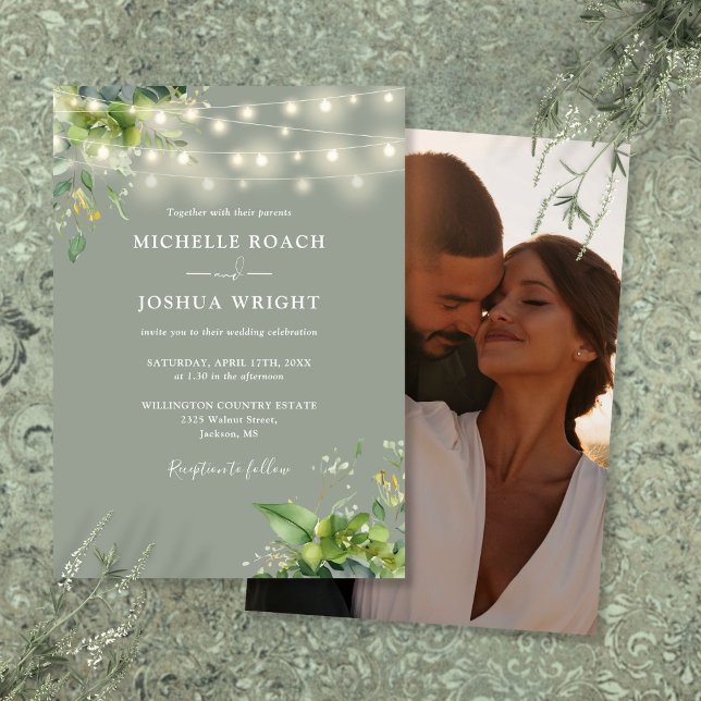 Invitation Chaîne Lumière Verdure Photo Sage Vert Mariage (String Lights Greenery Photo Sage Green Wedding Invitation)