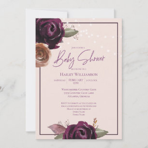 Invitation Chaîne Lumières Baby shower Plum rose Purple Flora