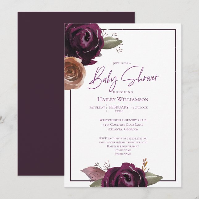 Invitation Chaîne Lumières Baby shower rose or violet Floral (Devant / Derrière)