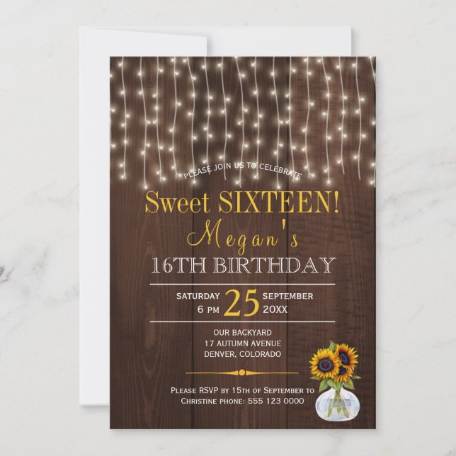 Invitation Chaîne lumières tournesol chic sweet sixteen rusti (Devant)