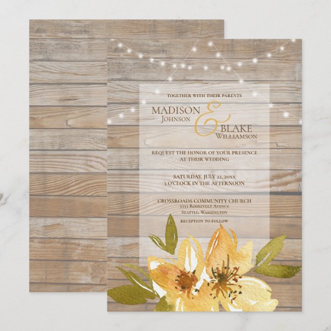 Invitation Chaîne Rustique Bois Lumières Mariage Floral Jaune (Devant / Derrière)