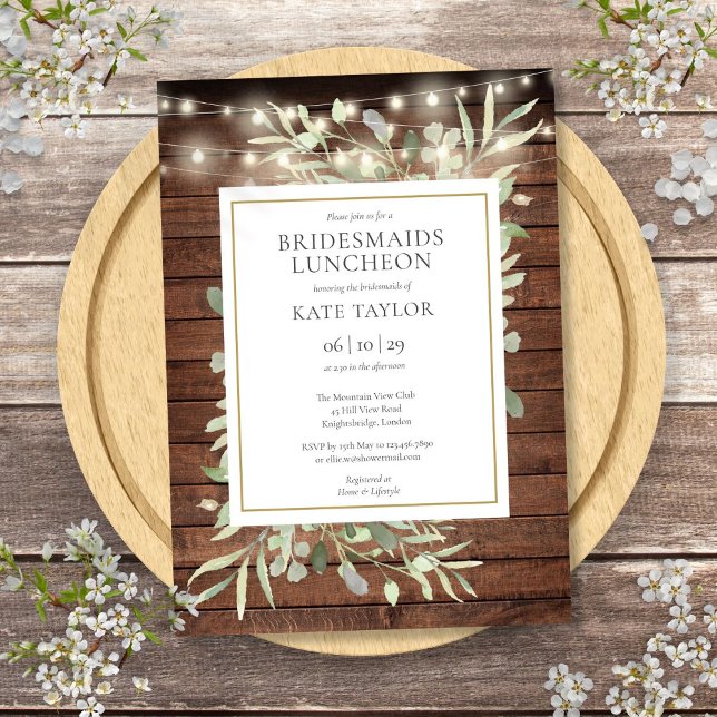 Invitation Chaîne rustique Lights Verdure Bridesmaids Déjeune (Rustic String Lights Greenery Bridesmaids Luncheon Invitation)