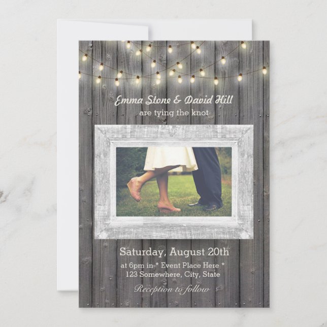 Invitation Chaîne rustique Lumières Grange Mariage photo en b (Devant)