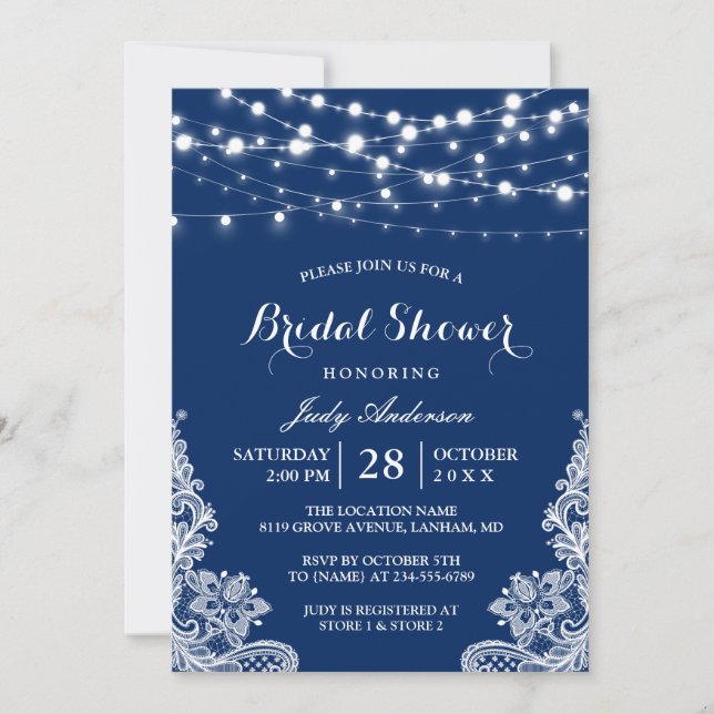 Invitation Chaîne tendance Lights Lace Marine Fête des mariée (Devant)