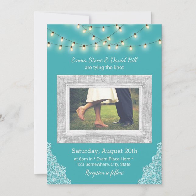 Invitation Chaîne Turquoise Lumières & Mariage de dentelle (Devant)