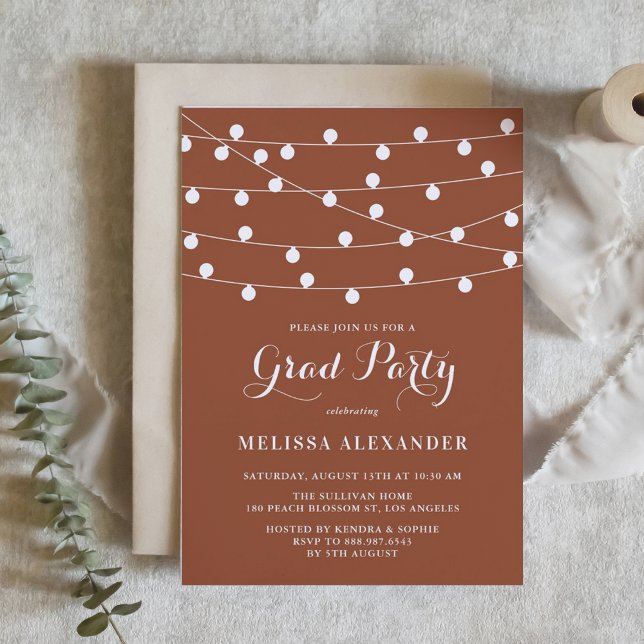 Invitation Chaîne Whimsical Lights Terracotta Graduation (Customizable boho graduation invitation featuring string lights and a terracotta background.)