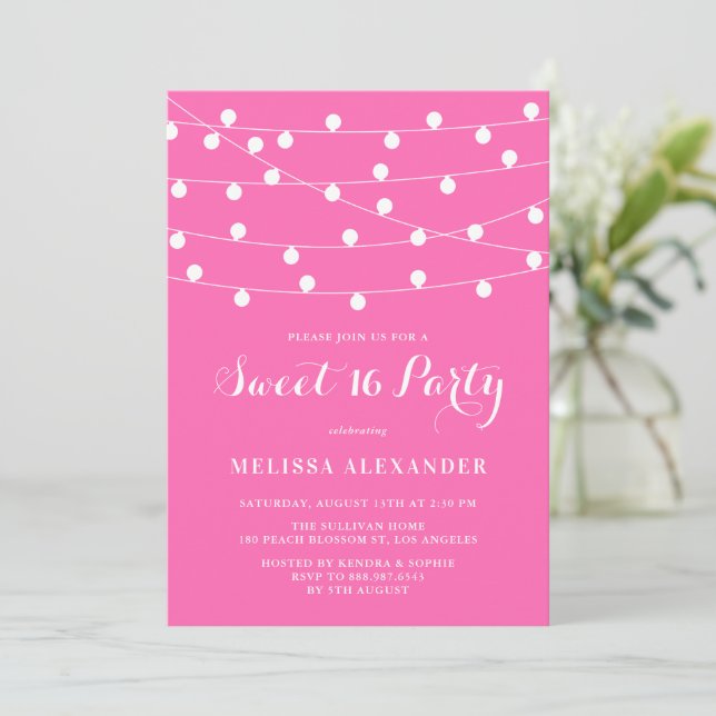 Invitation Chaîne Whimsical Lumières Hot rose Sweet 16 Partie (Debout devant)