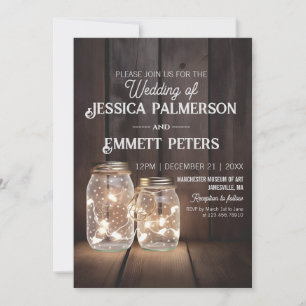 Invitation Chaînes lumineuses en bois rustique Mariage Mason