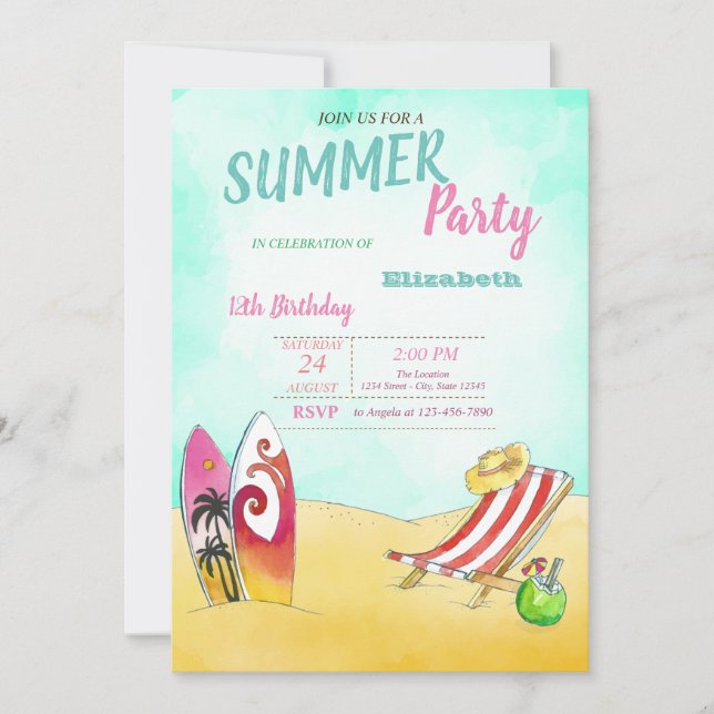 Invitation Chaise de plage, Surf Anniversaire (Devant)
