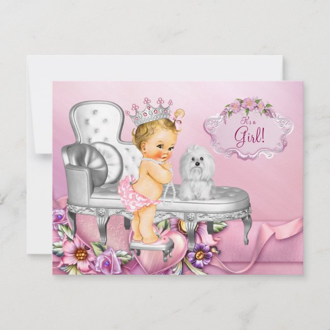 Invitation Chaise rose Blonde Princess Pearl Baby shower (Devant)