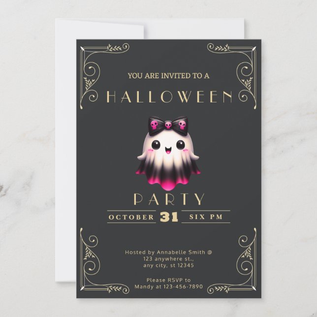 Invitation Chalboard Black & Gold Ghost Bow Skuls Halloween (Devant)