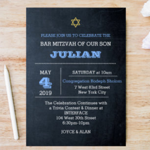 Invitation Chalboard Blue Grand Nom Bar Mitzvah