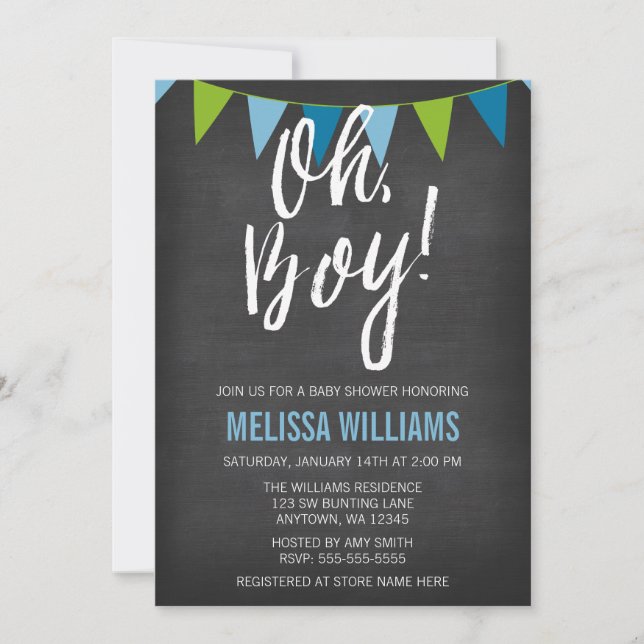 Invitation Chalboard Green Blue Buny Boy Baby shower (Devant)