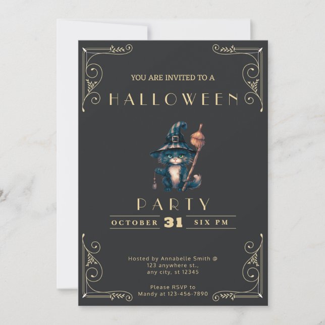 Invitation Chalboard noir et or Chat noir Halloween (Devant)