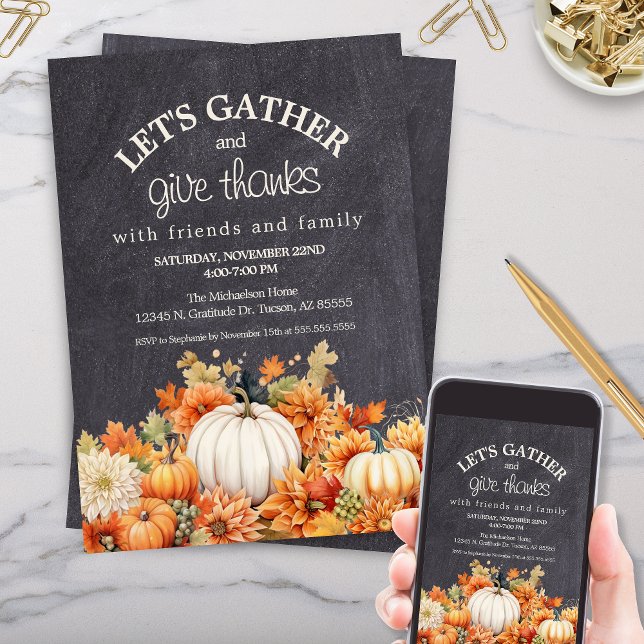 Invitation Chalet Citrouille Thanksgiving Potluck Party (thanksgiving invitation templates for fall autumn leaves pumpkins lets gather and give thanks)