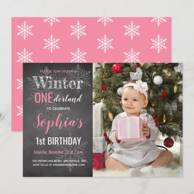 Invitation Chalet d'hiver photo fille 1er anniversaire (Devant / Derrière)