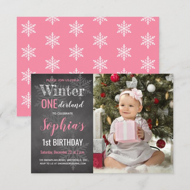 Invitation Chalet d'hiver photo fille 1er anniversaire (Devant / Derrière)