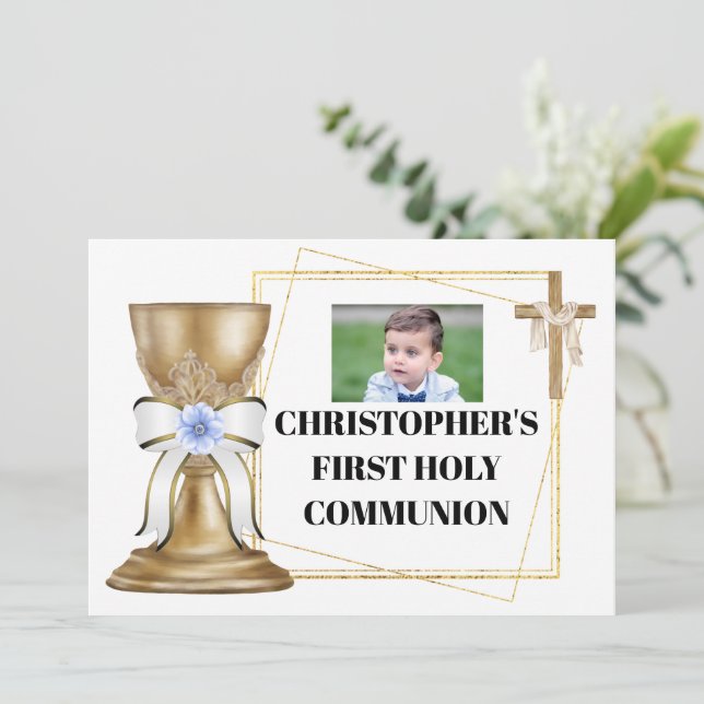Invitation Chalet or croix satin arc bleu floral (Debout devant)