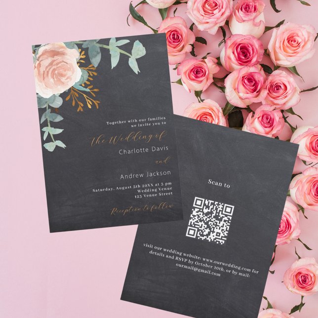 Invitation Chalet rose or floral QR mariage de luxe (Créateur téléchargé)