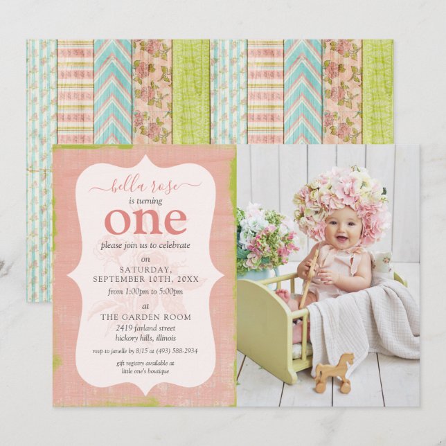 Invitation Chalet rose rose rose Bébé Fille Anniversaire Phot (Devant / Derrière)