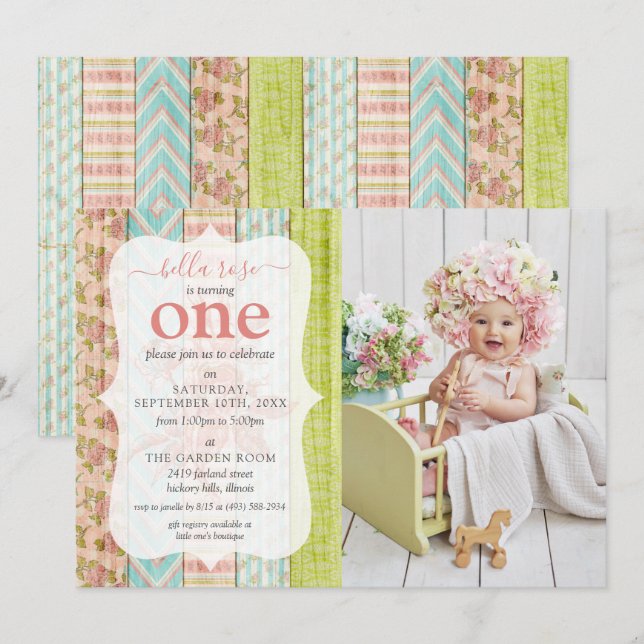 Invitation Chalet rose rose rose Bébé Fille Anniversaire Phot (Devant / Derrière)
