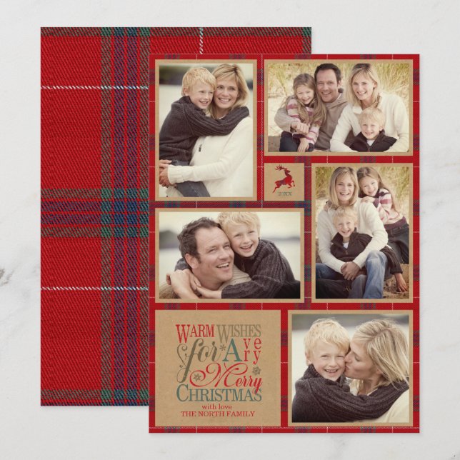Invitation Chaleureux Voeux Photo Collage Kraft & Tartan Red  (Devant / Derrière)