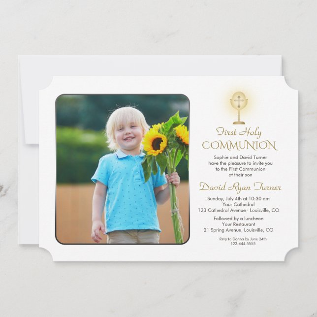 Invitation Chalice d'or moderne Photo Boy 1ère sainte communi (Devant)