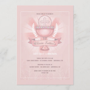 Invitation Chalice révéré première sainte communion rose