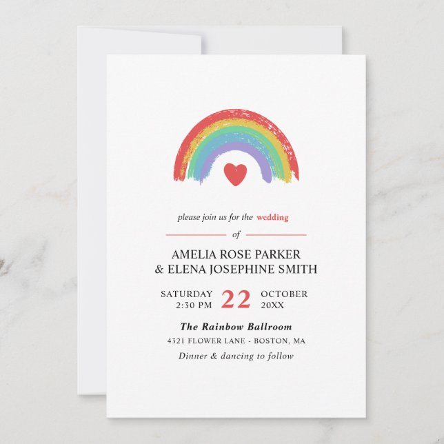 Invitation Chalk Arc-en-ciel & Coeur minimaliste Mariage gay (Devant)